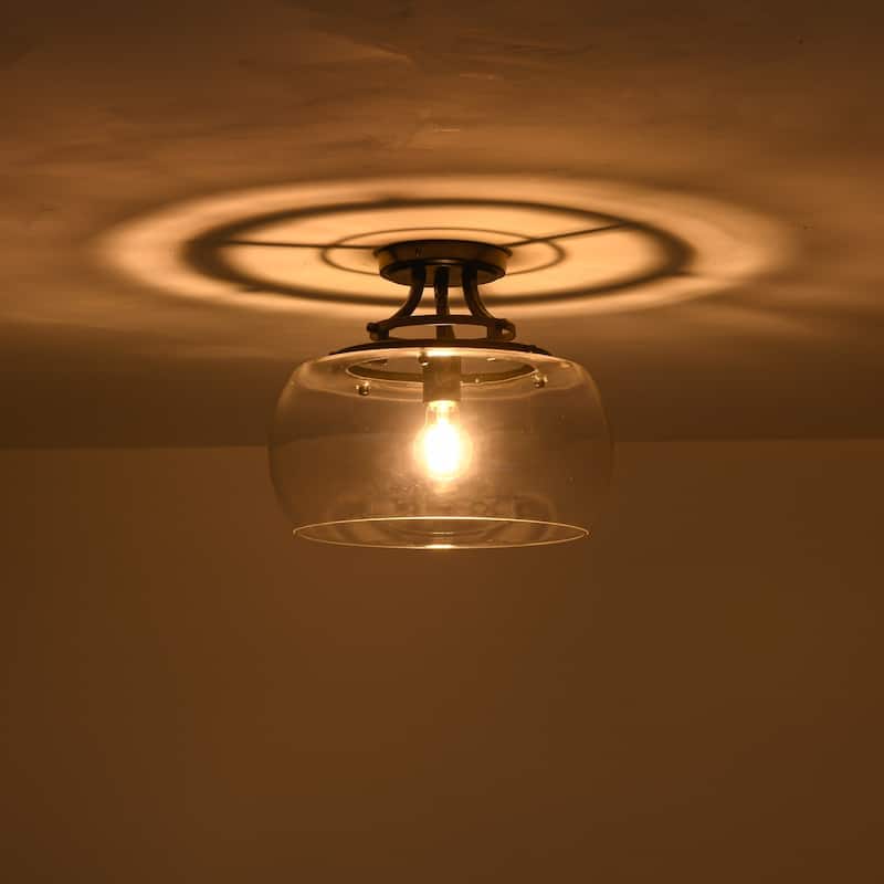 1-Light 13.8" W Modern Schoolhouse Matte Black Semi-Flush Mount Ceiling Light with Clear Dome Glass Shade for Bedroom