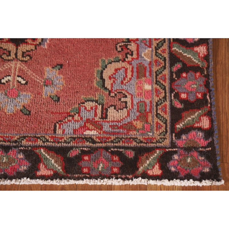 Pink Geometric Tabriz Persian Vintage Runner Rug Handmade Wool Carpet - 3'4"x 12'10"