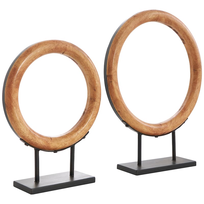 Wood Geometric Circular Ring Sculpture with Black Metal Stands - Set of 2 Brown - Roche River Decor - 4"W x 16"L x 20"H