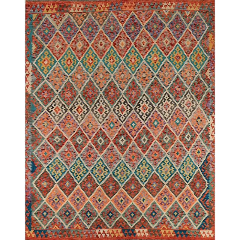 All-Over Trellis Kilim Oriental Area Rug Flatweave Wool Carpet - 8'11" x 9'11"