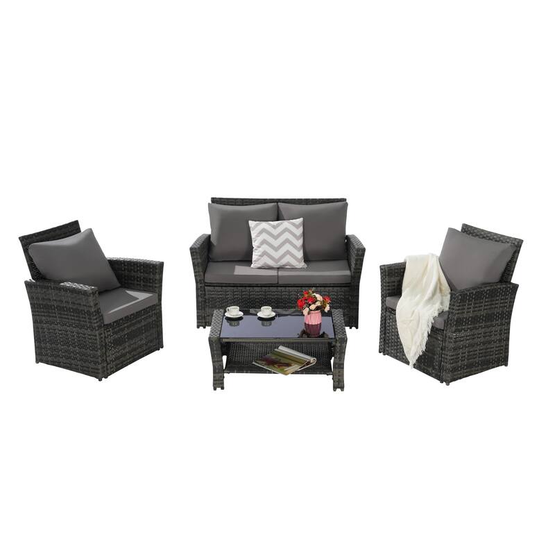 4-Piece Outdoor Patio Rattan Conversation Sofa Set with Tempered Glass Coffee Table