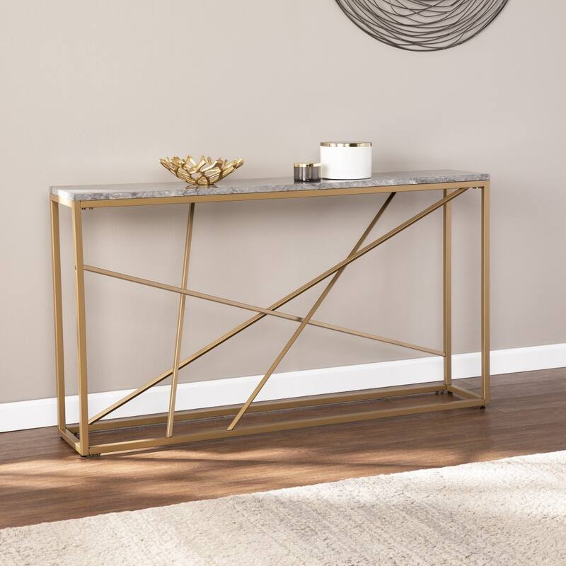 Faux Marble Rectangular Console Table with Gold - 52” L x 10” W x 29” H
