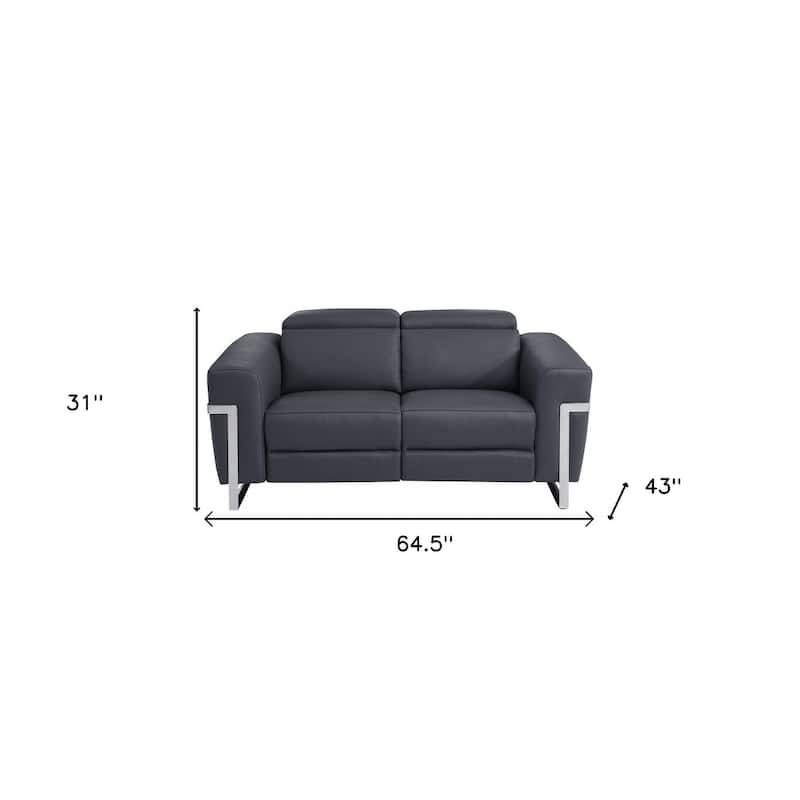 HomeRoots 65" Gray And Silver Italian Leather Power Reclining Loveseat