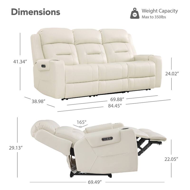 Spruce & Spring Genuine Leather Power Reclining Sofa with Wireless Charging