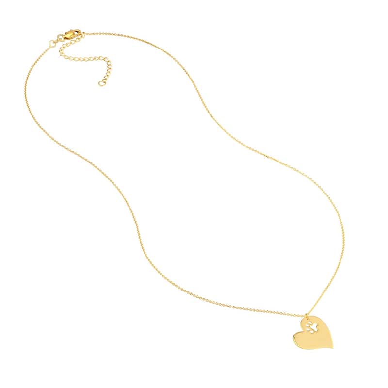 Curata Solid 14k Yellow Gold Slanted Love Heart With Cut Out Paw Adjustable Necklace,18"