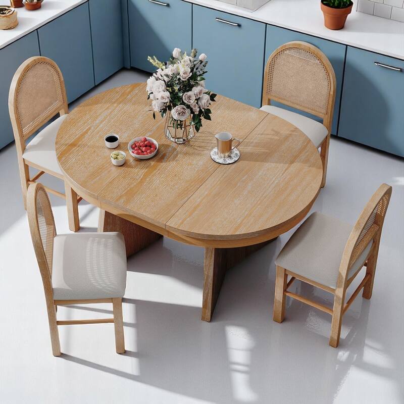 5-Piece Retro Extendable Dining Table Set for 4 with Upholstered Chairs and Rattan Backrests, Kitchen Table Set for Dining Room