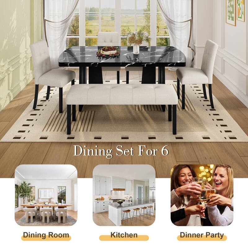 6 Piece Modern Dining Table Set, 63" Faux Marble Dining Table and 4 Upholstered Tufted Dining Chairs
