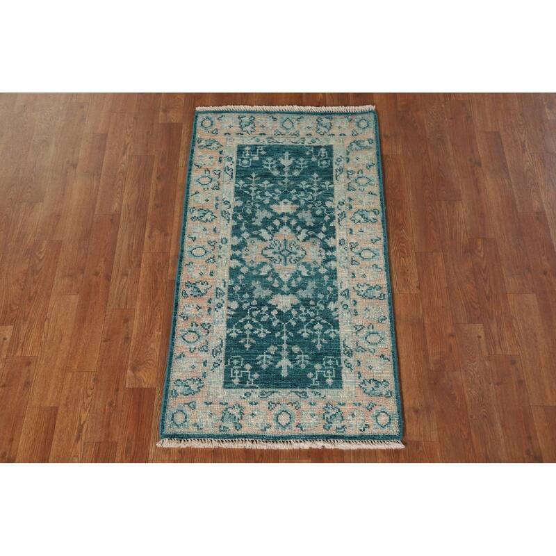 Vegetable Dye Green Oushak Turkish Area Rug Hand-Knotted Wool Carpet - 2'1"x 3'11"