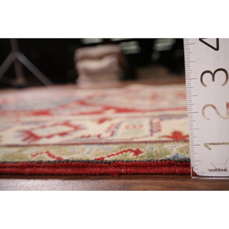 Geometric Red Kazak Runner Rug Hand-Knotted Hallway Wool Carpet - 3'11" x 13'4"