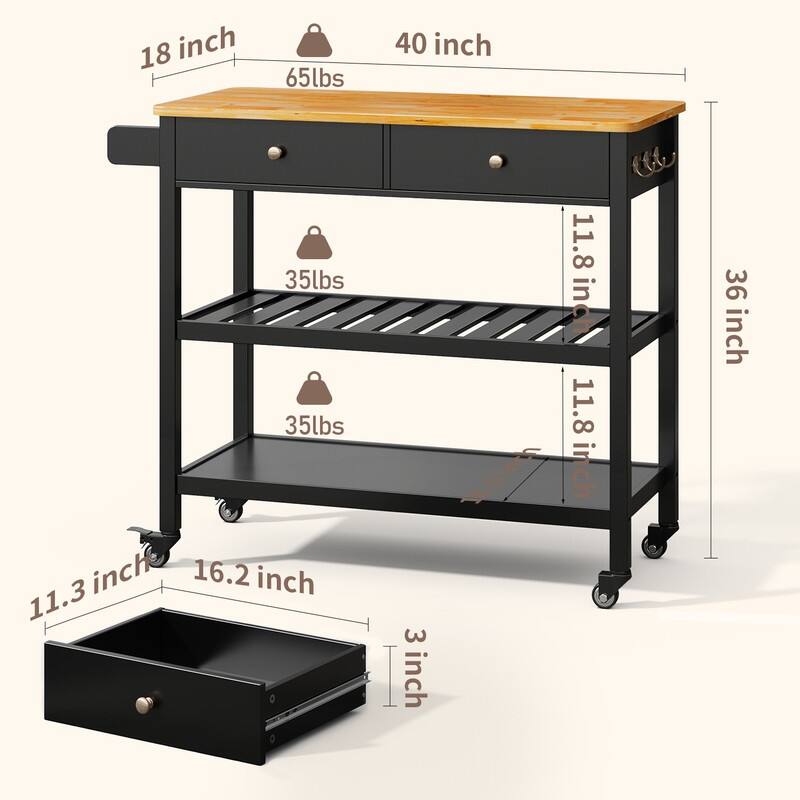 Kitchen Island Cart, Rolling Trolley Utility Cart on Wheels with 2 Drawers and 2 Open Tiers Storage Shelves