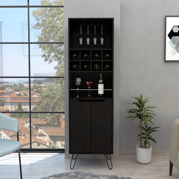 Bar Cabinet with 8 Built-in Wine Rack and 2 Cabinets With Single Door - Black