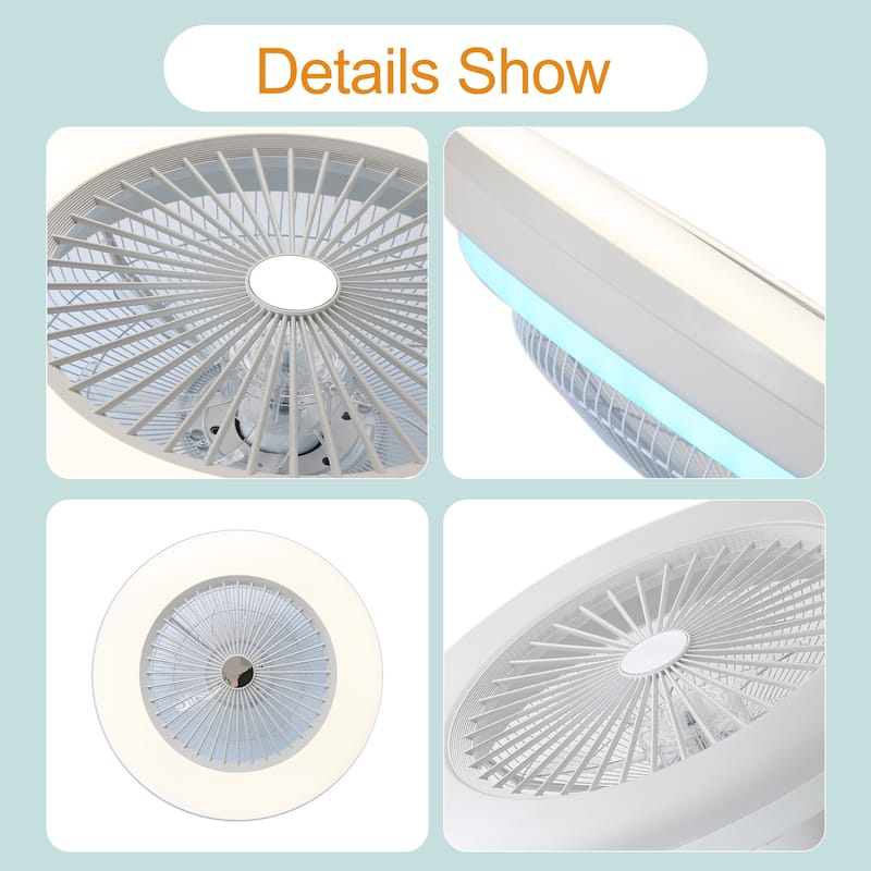 22" White Enclosed Low Profile Caged Smart LED Ceiling Fan Works with Alexa/Google/APP