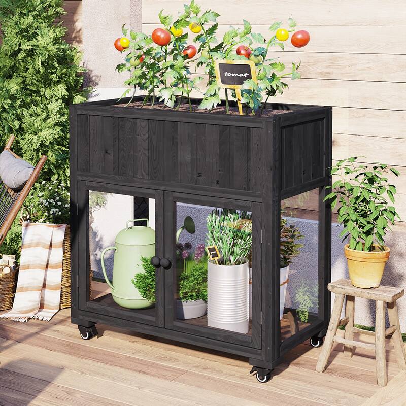Mini Wood Cold Frame, Compact 2 Doors Garden Greenhouse with Wheels, Raised Bed with Liner for Indoor Outdoor Use