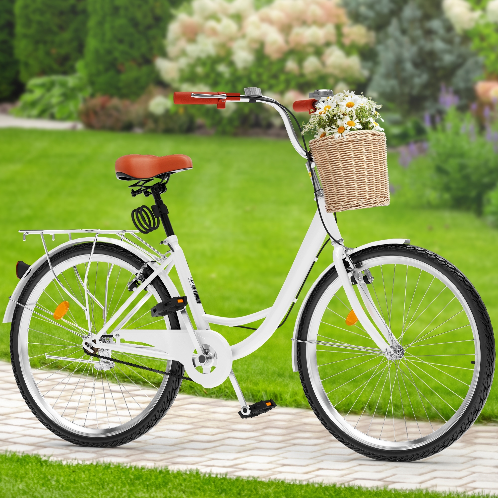 26 Inch Beach Cruiser Bike for Women 1 Speed Commute Bike for Adults Womens Bicycle with Adjustable Seat in Pink White 26