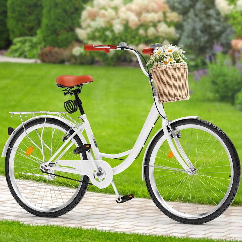 26 Inch Beach Cruiser Bike for Women - 1 Speed Commute Bike for Adults - Womens Bicycle with Adjustable Seat in Pink/White - 26“ - White