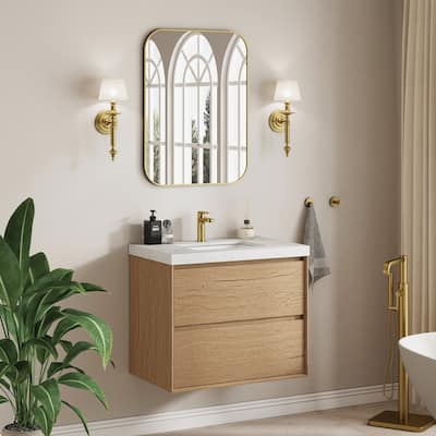 Sylphar 30 inch Bathroom Vanity with Sink, Floating Oak Cabinet with Stone Top