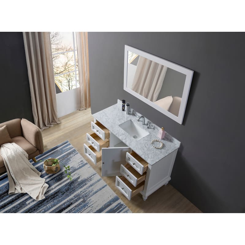 Classic 48 in. Vanity in White with White Carrara Marble Top and 1 large mirror
