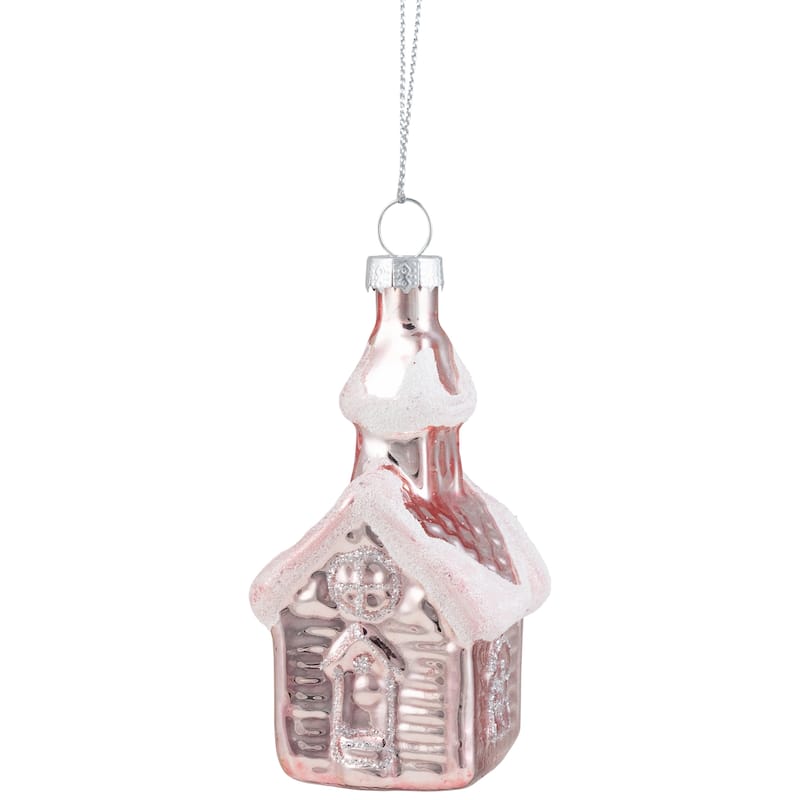 3.25" Snow Covered Pink Church Glass Christmas Ornament