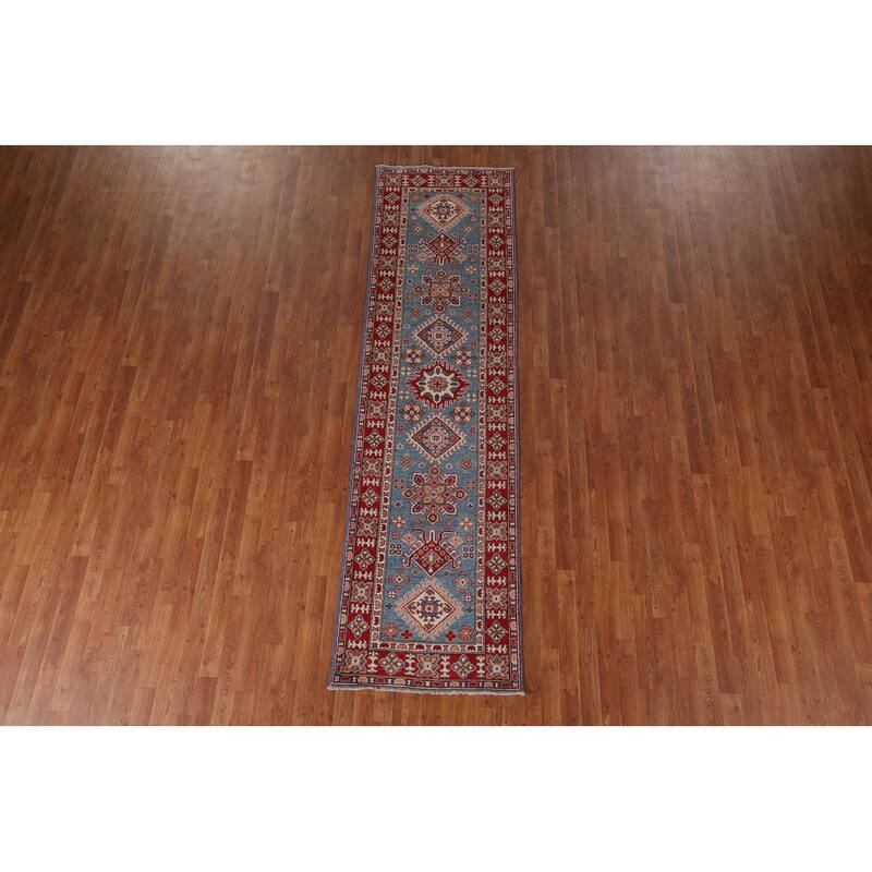 Blue Geometric Kazak Oriental Runner Rug Handmade Wool Carpet - 2'8" x 9'9"