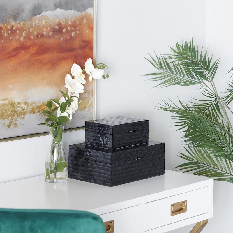 Mother of Pearl Shell Handmade Decorative Box with Hinged Lid Set of 2 Grey or Black - Roche River Décor