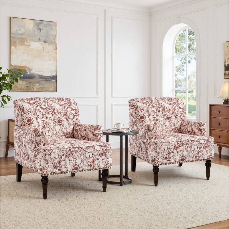 Linen Upholstered Armchair Nailhead Trim Accent Chair - 2 SET - ROCOCO ORANGE