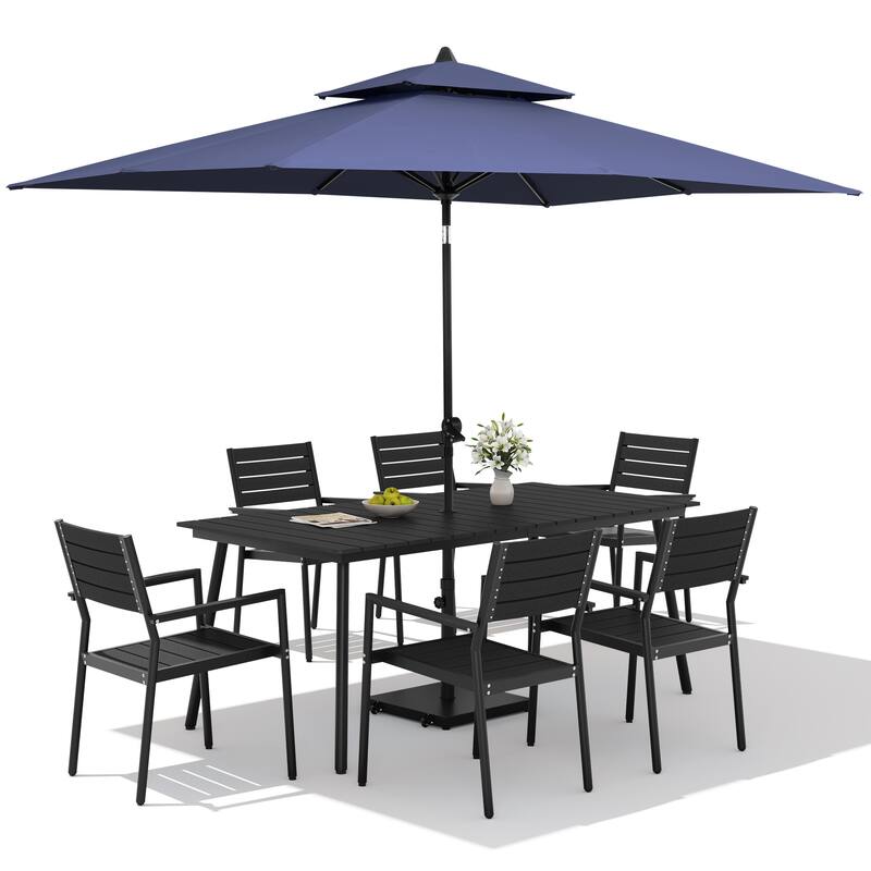 9PC Outdoor Patio Dining Set Aluminum Table with Stackable Armchairs w/ Premium Market Umbrella Sets
