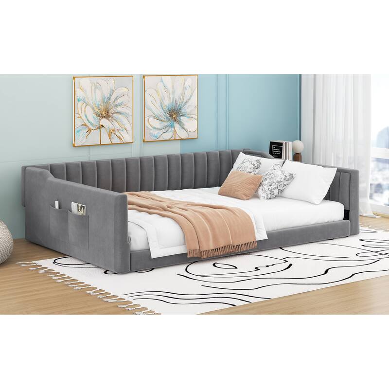 Full XL Velvet Upholstered Daybed with Vertical Channel Tufting and Side Storage Pocket, No Box Spring Needed, Modern Sofa Bed
