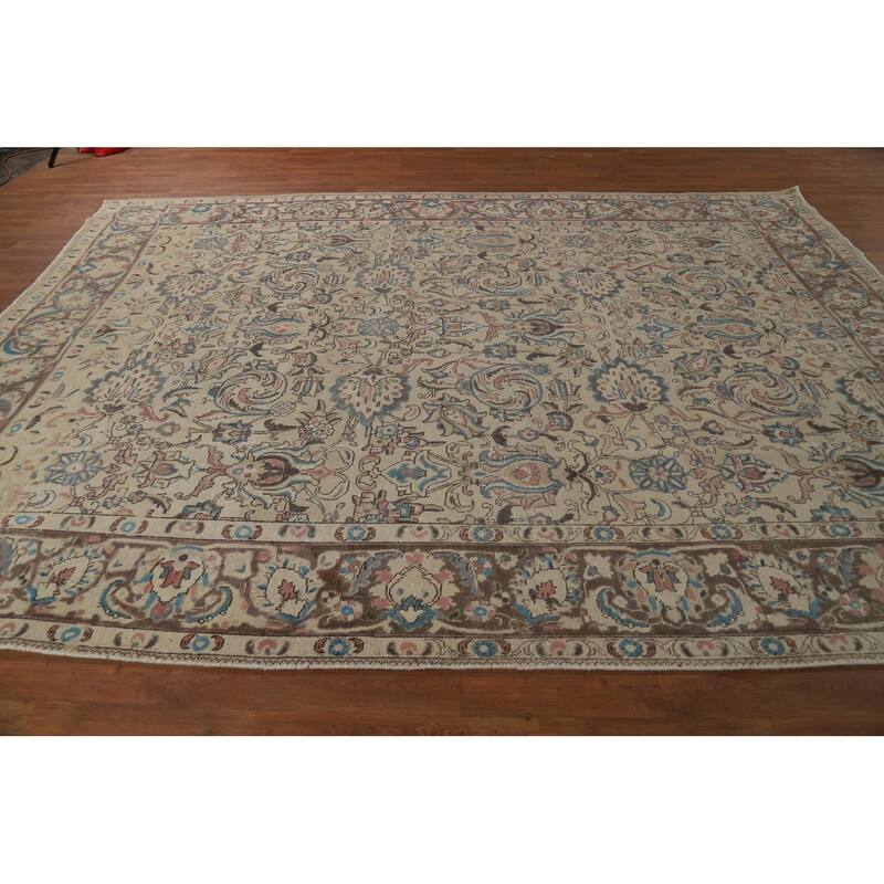 Floral Tabriz Persian Area Rug Distressed Handmade Wool Carpet - 8'8"x 11'5"