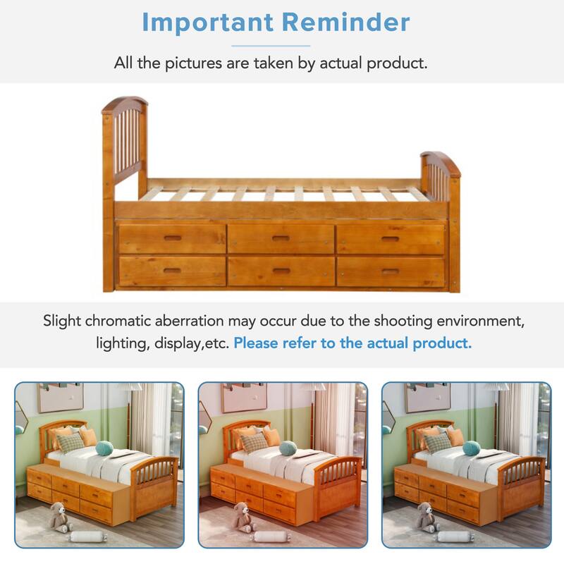 Wooden Twin Size Platform Bed with Headboard and Footboard, Solid Wood Platform Storage Bed Frame with 6 Drawers