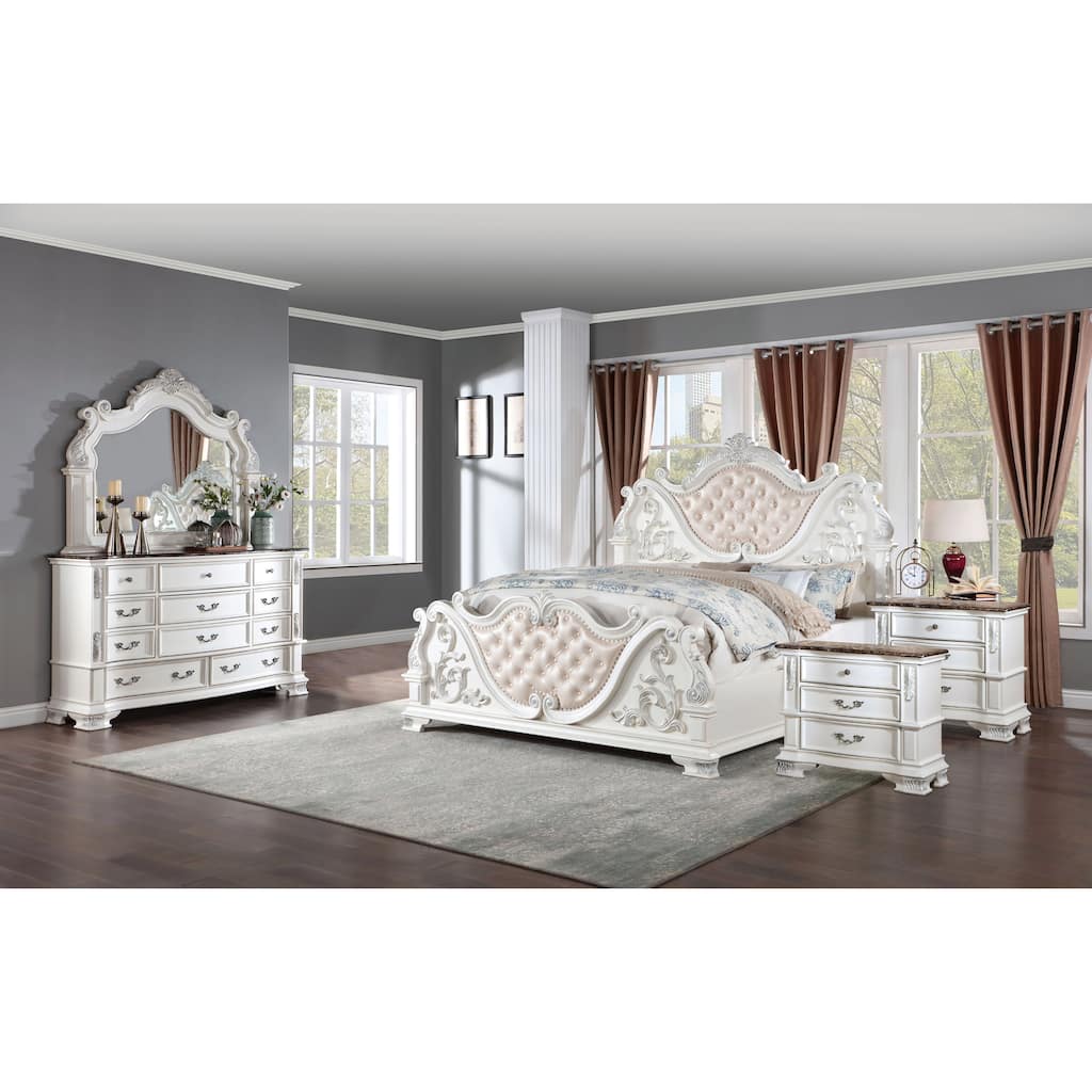 Furniture of America Wrea Traditional 5-Piece White Faux Leather Button Tufted Panel Bedroom Set