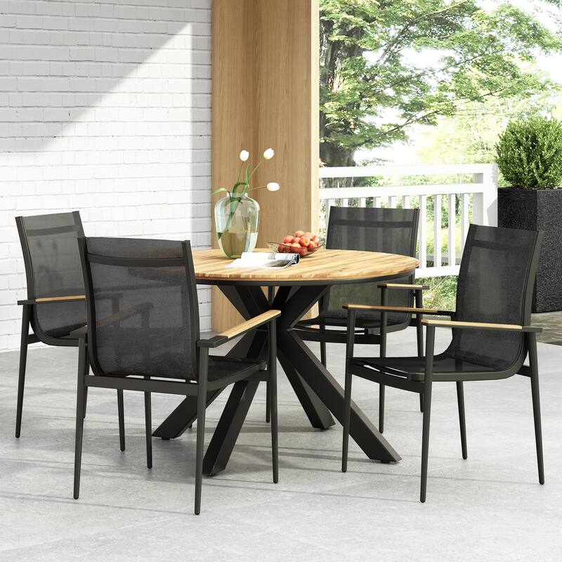 Stetson Mesh and Acacia Wood Outdoor 5 Piece Dining Set by Christopher Knight Home - Black;Natural;Teak