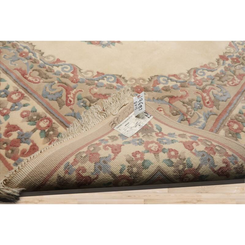 8x10 Hand Knotted Wool Ivory French Aubusson Plush Pile Medallion Rug - 8' x 10'