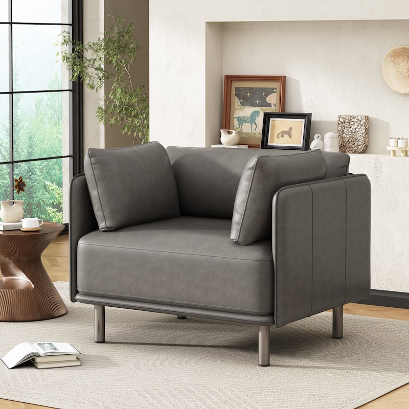 Faux Leather Upholstered Club Chair Reading Chair with Metal Legs - Grey