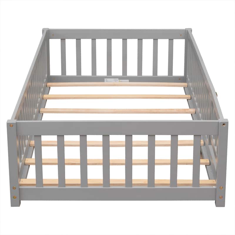 Pine Wood Floor Platform Bed with Fence and Door