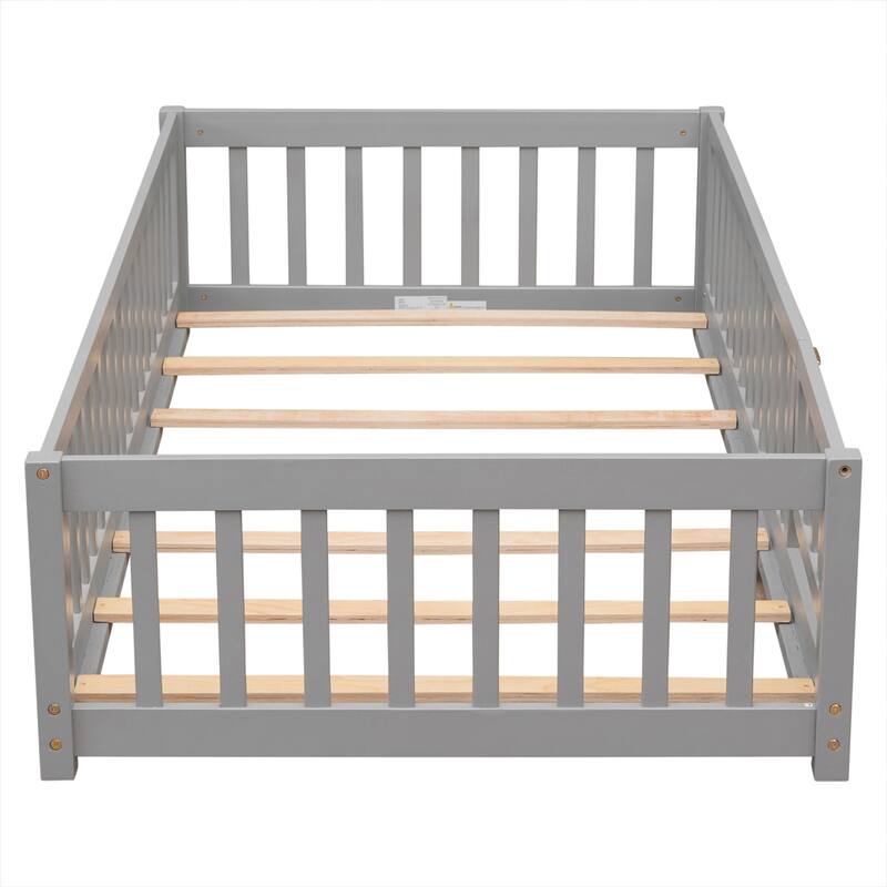 Twin Size Wood Floor Platform Bed with Fence and Door for kids