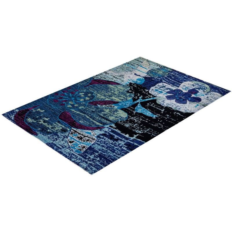 Overton Hand Knotted Wool Vintage Inspired Modern Contemporary Eclectic Blue Area Rug - 6' 2" x 9' 3"