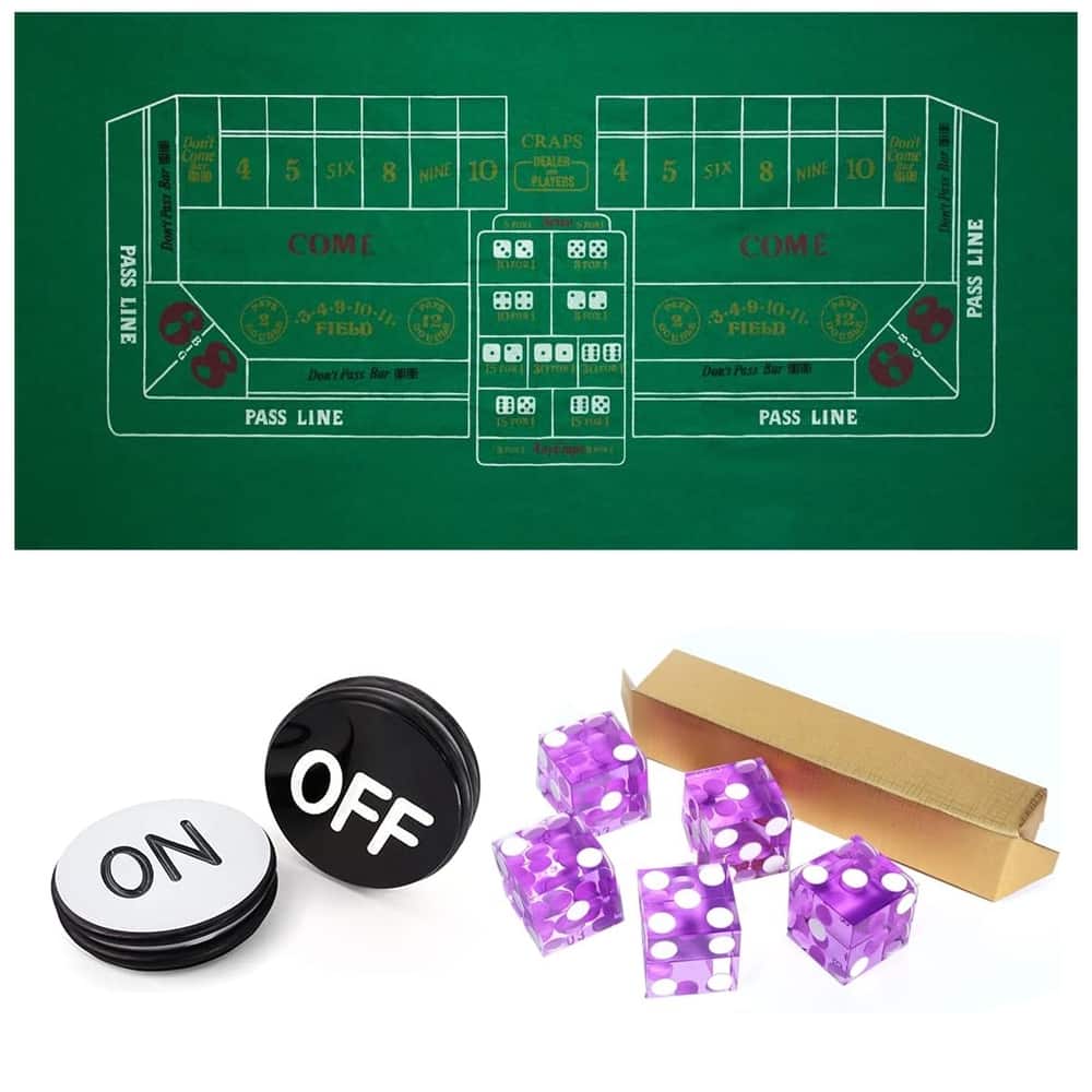 GSE™ Casino Craps Tabletop Game Set with 36"x72" Craps Layout Felt, 5-Piece 19mm Casino Dice, 3" Craps On/Off Puck