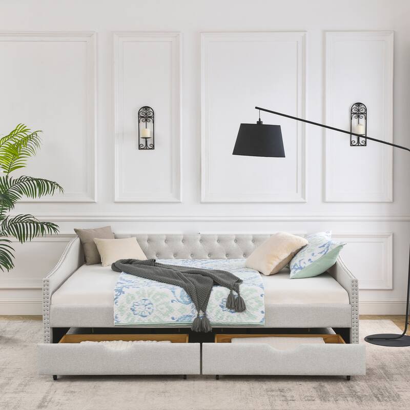 Queen Size Linen Upholstered Daybed Frame with 2 Drawers & Tufted Backrest