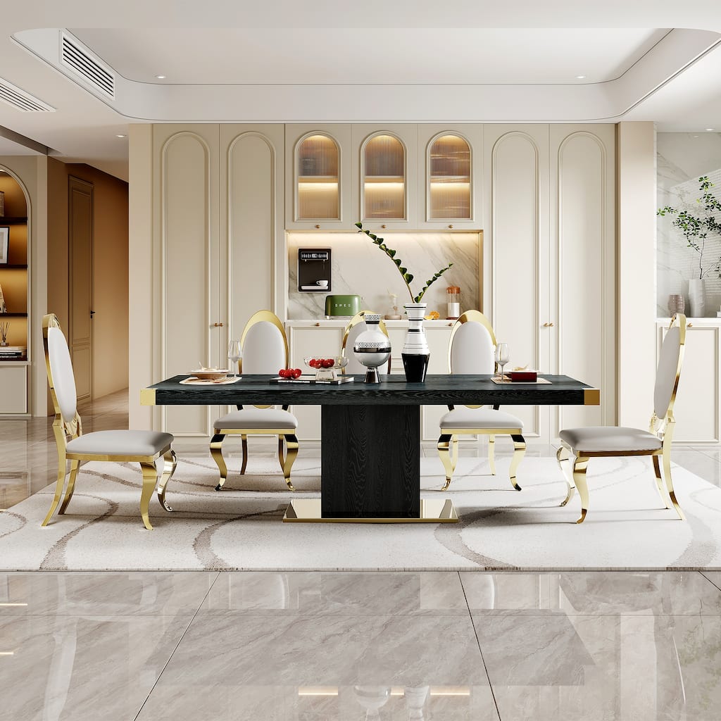 MDF Top Dining Table with Gold Finish Corner, MDF Pillar and Gold Finish Stainless Steel Base