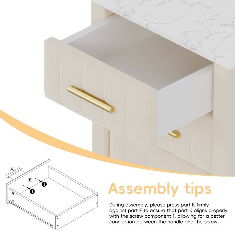Upholstered Wooden Nightstand with 3 Drawers and Metal Legs&Handles, Bedside Table with Marbling Stickers Worktop
