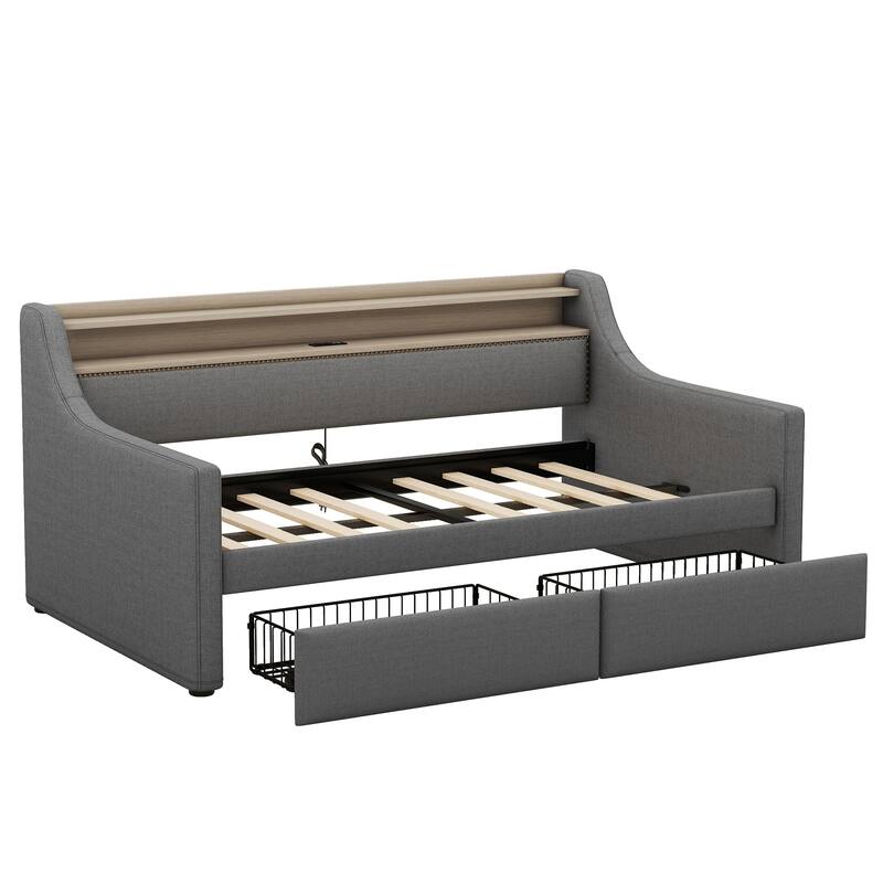 Twin Size PU Leather Upholstered Daybed with Trundle,Charging Station and LED Lights