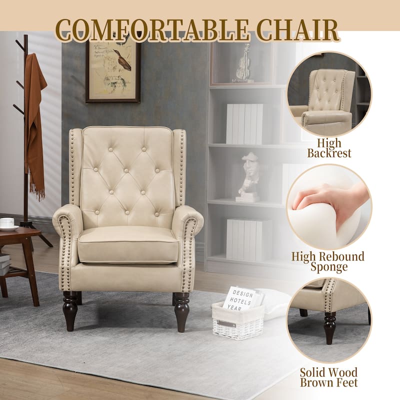 Camel 29.33" High Back Upholstered Arm Chair with Nailheads