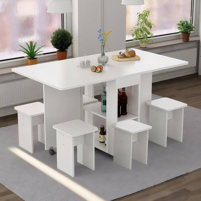 4-Person Drop-Leaf Dining Set‌ – Foldable Table + 4 Chairs, 47.2" x 23.6" x 30.3", White with Storage & 6 Wheels - White