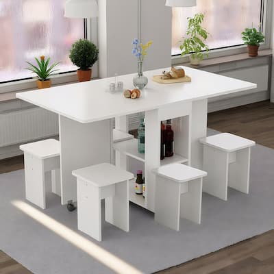 4-Person Drop-Leaf Dining Set‌ – Foldable Table + 4 Chairs, 47.2" x 23.6" x 30.3", White with Storage & 6 Wheels
