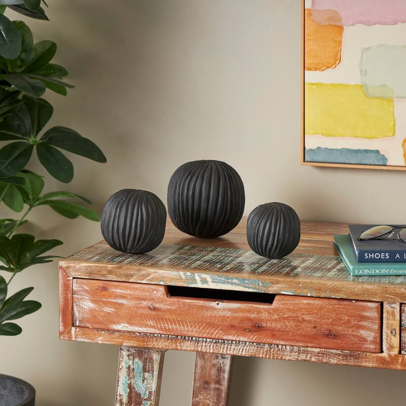 Brown or Black Teak Wood Handmade Carved Textured Orbs & Vase Filler with Ridges (Set of 3) - Black