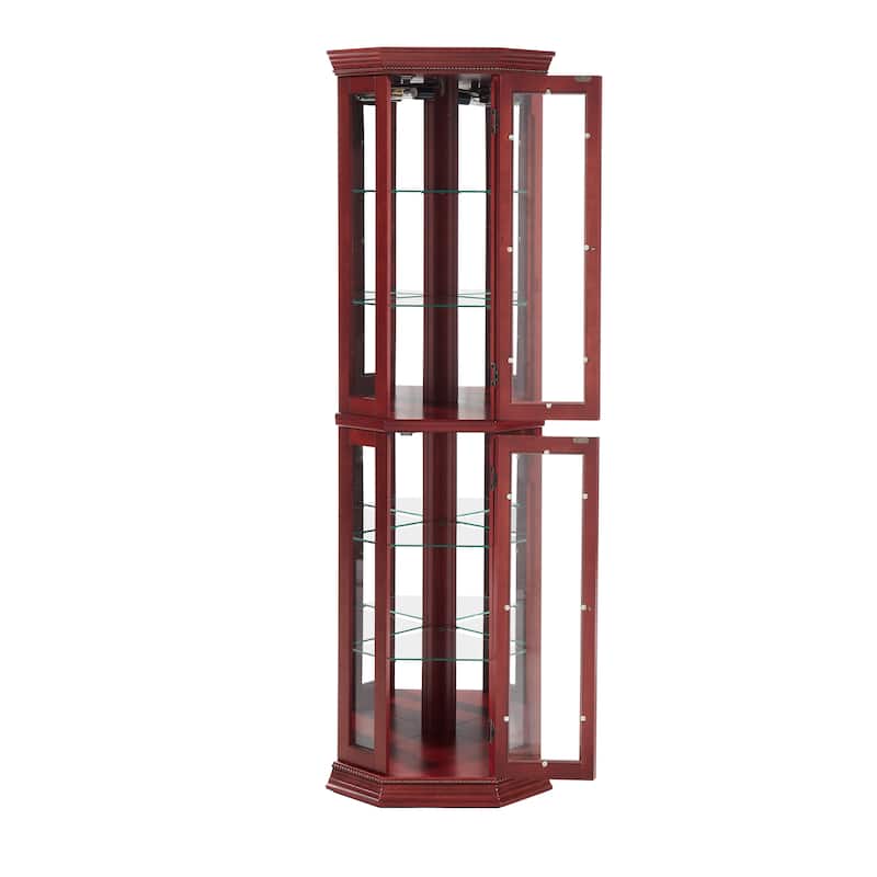 Lighted Corner Curio Cabinet, Curved Wooden Display Cabinet, Bar Cabinet with Adjustable Shelves & Tempered Glass Doors