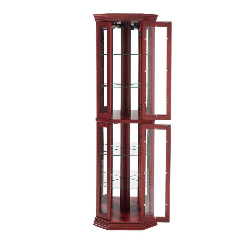 Sophisticated Cherry or Oak Corner Curio Sideboard Buffet Cabinet with Glass Display Shelves, Lighting System, Metal Handles