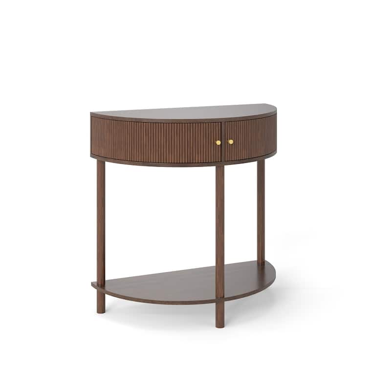 Half Moon Design End Table with Sliding Rattan Door