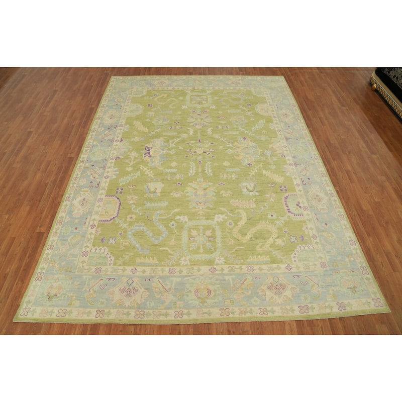 Handmade Green Oushak Vegetable Dye Area Rug Floral Geometric Carpet - 12' 0'' X 9' 0''