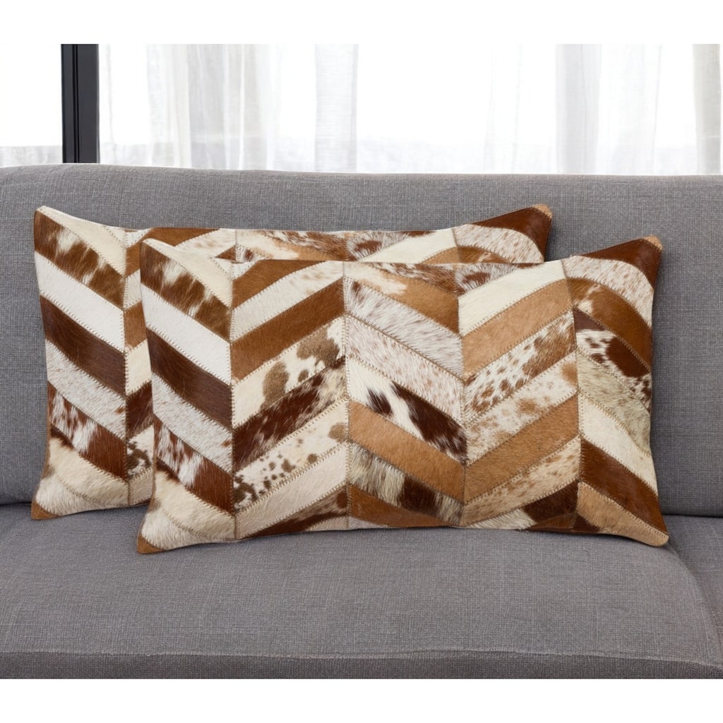 Set of Two 12" X 20" Brown and Natural Chevron Cowhide Lumbar Throw Pillows